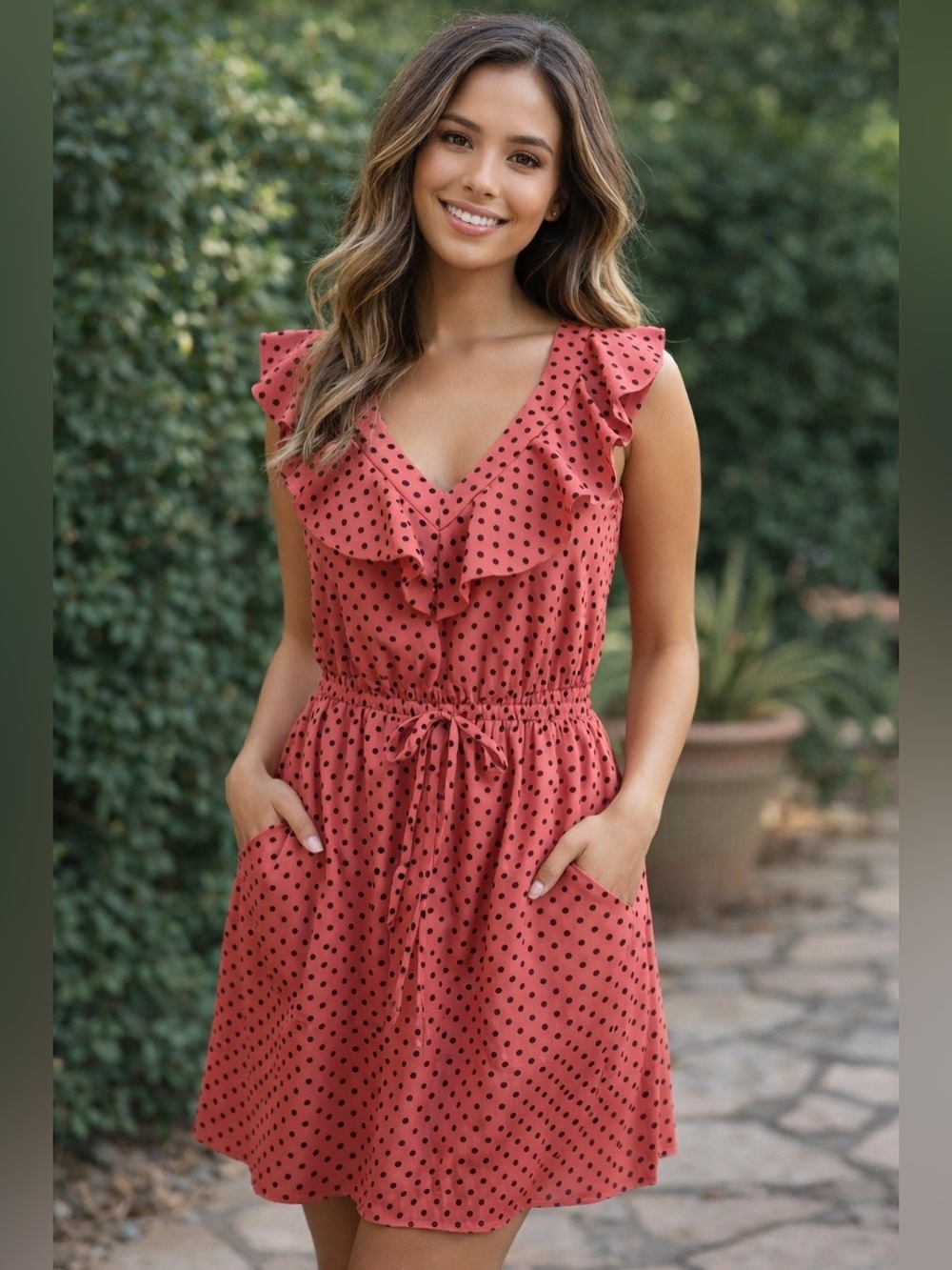 Bebop Black Polka Dot Coral Mini Dress Sz M Tie Waist Ruffle Collar Pockets